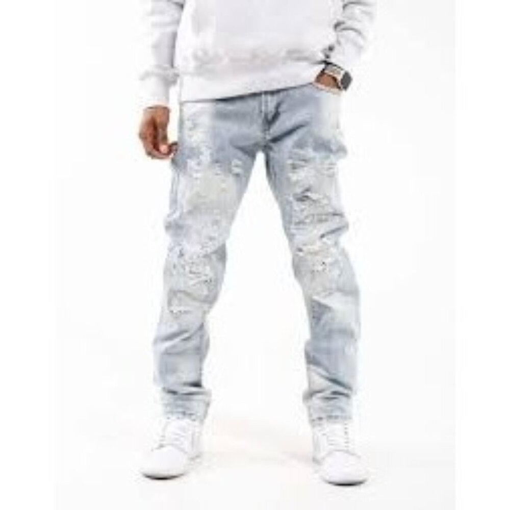 Preme Mens Distressed Light Wash Denim Jeans Size 32W 32L With Ripped Details